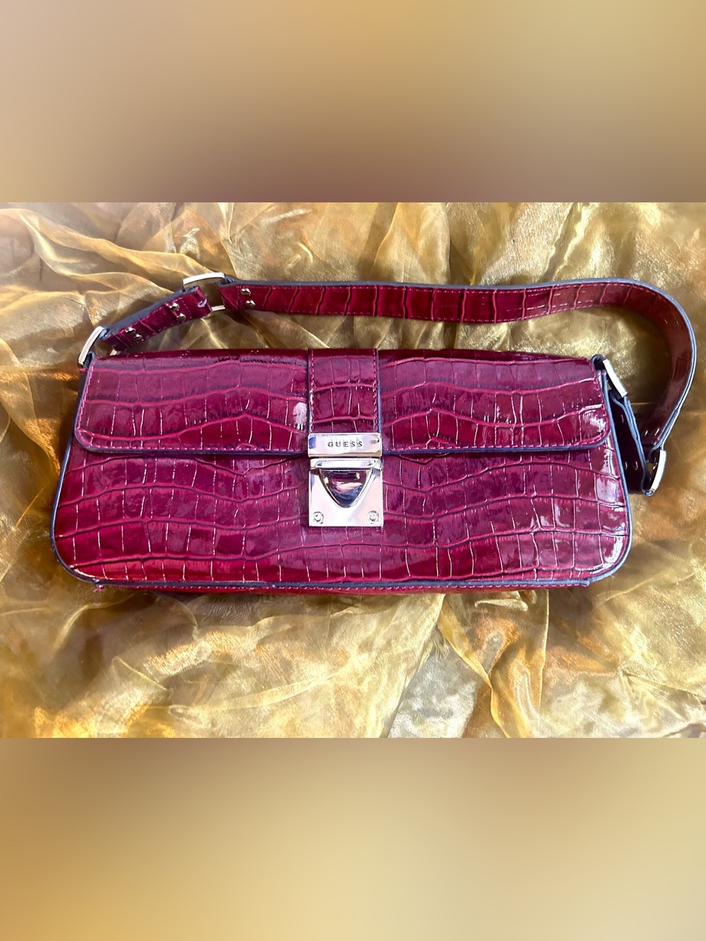 Guess Croc-Embossed Patent Leather Clutch - Deep Wine